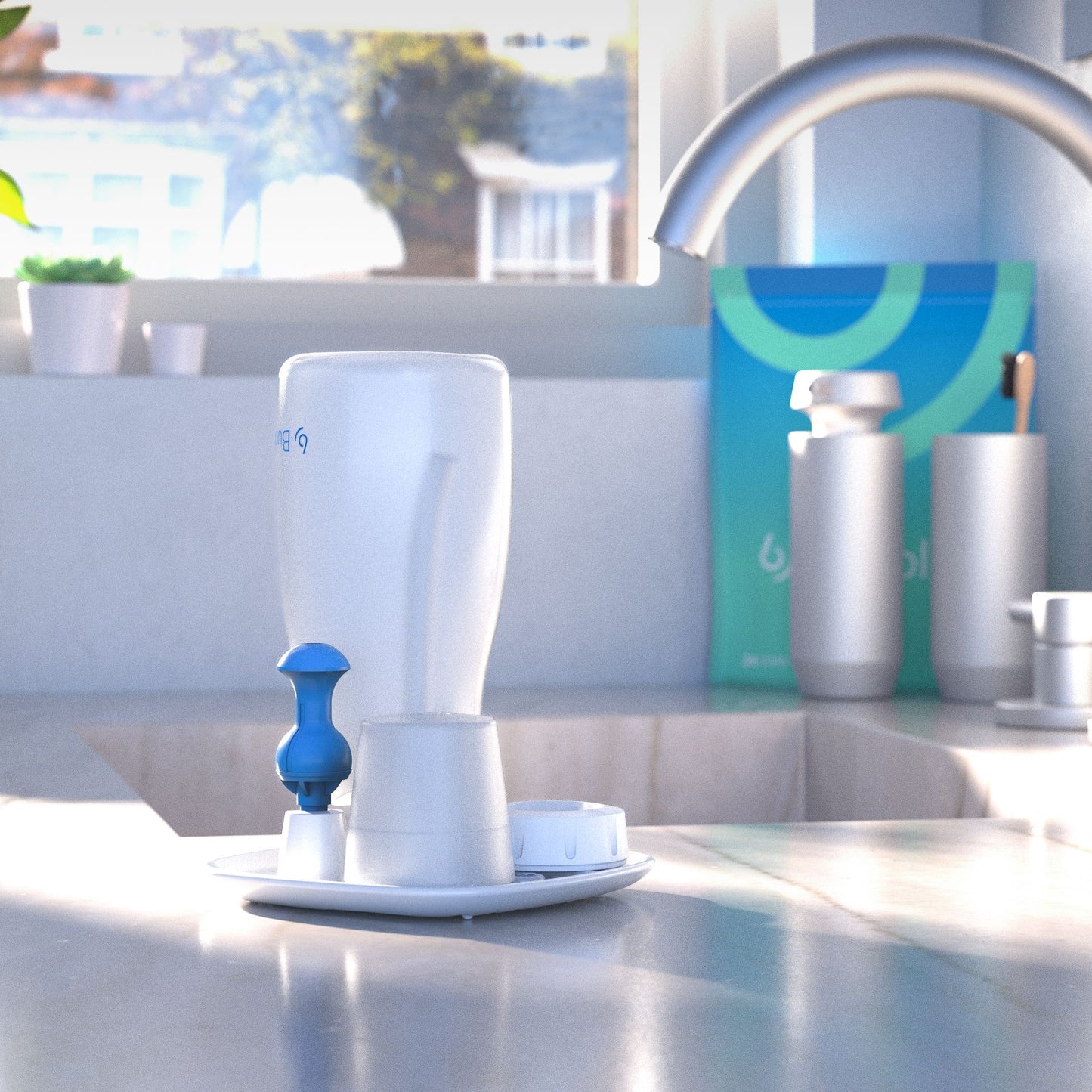 Burble device drying on tray next to sink after cleaning